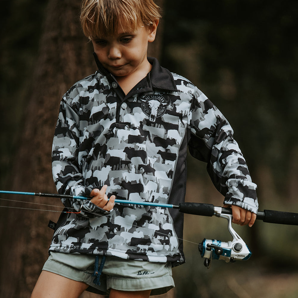 Cattle Co Kids Fishing Shirt - Grey Camo – Hot Southern Miss